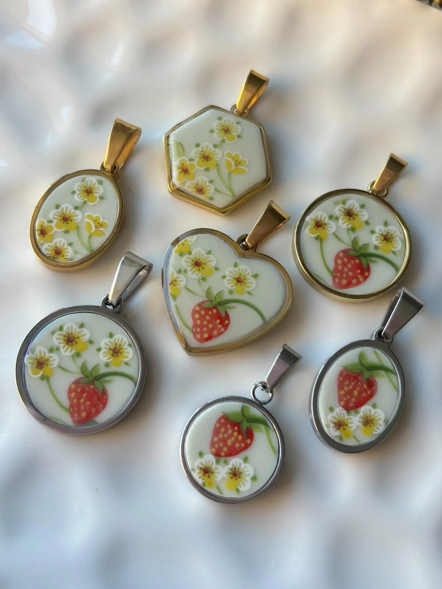 Strawberry Flowers Hexagon | Broken China Necklace