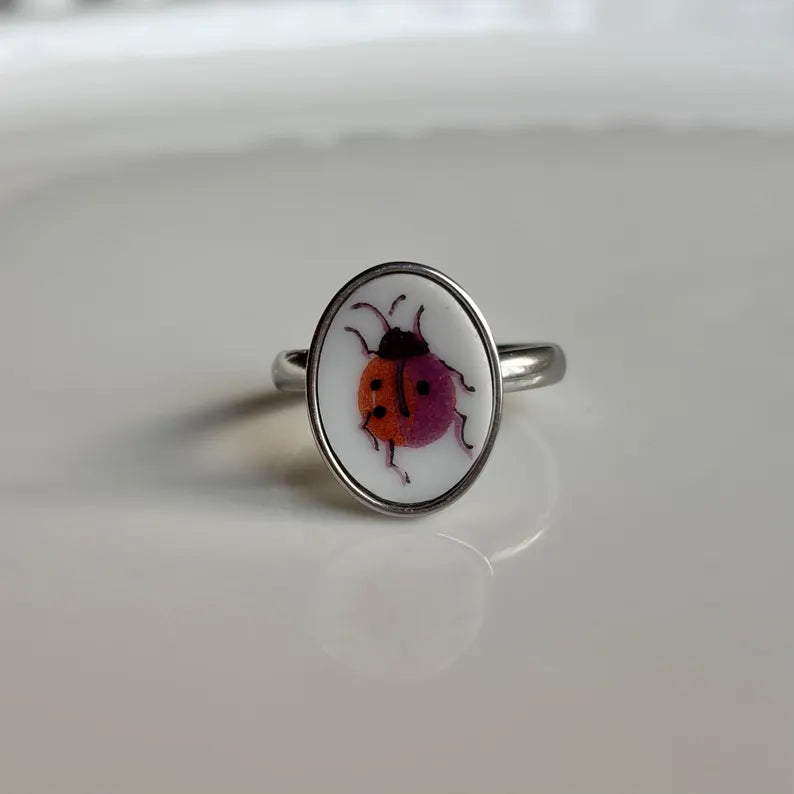 Ladybug Ring Adjustable | Vintage Broken China Jewelry