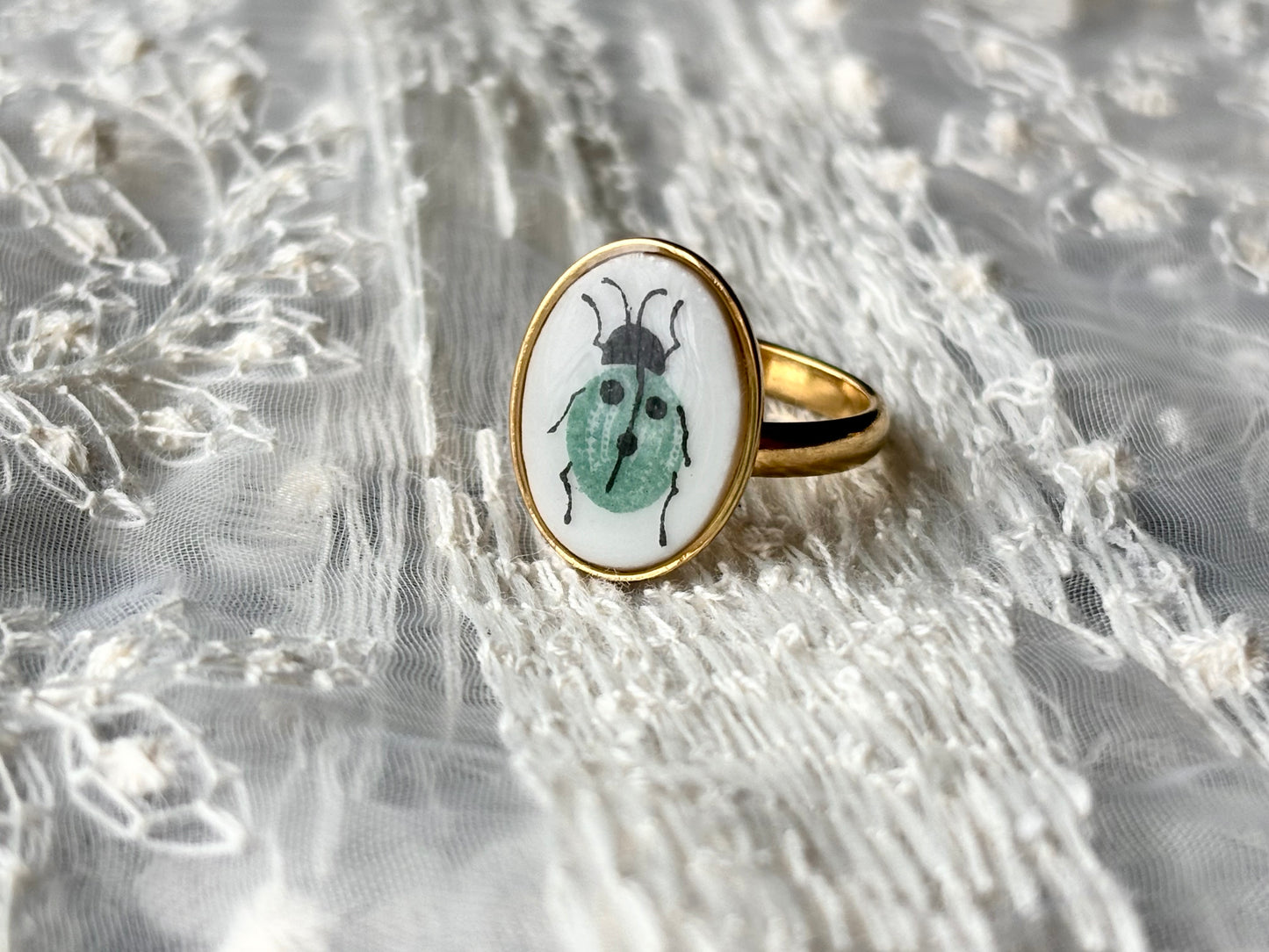 Turquoise Ladybug Ring Adjustable | Vintage Broken China Jewelry
