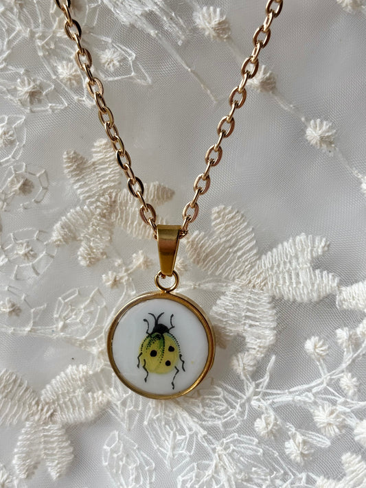 Yellow Ladybug Necklace | Vintage Broken China Jewelry