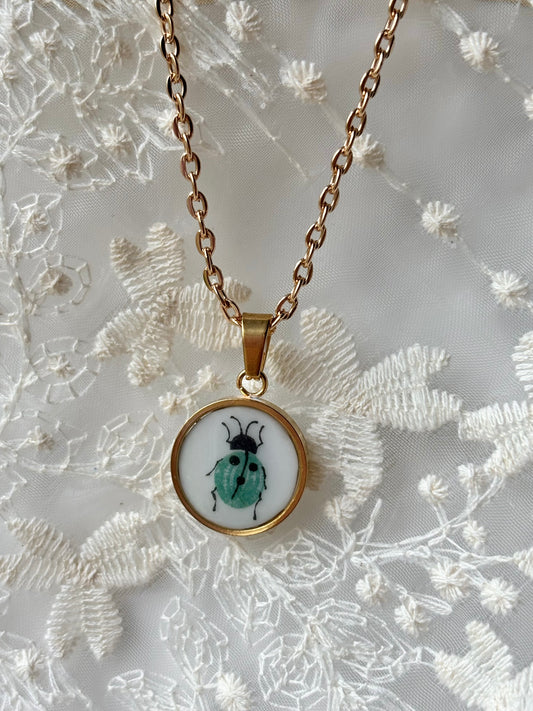 Turquoise Ladybug Necklace | Vintage Broken China Jewelry