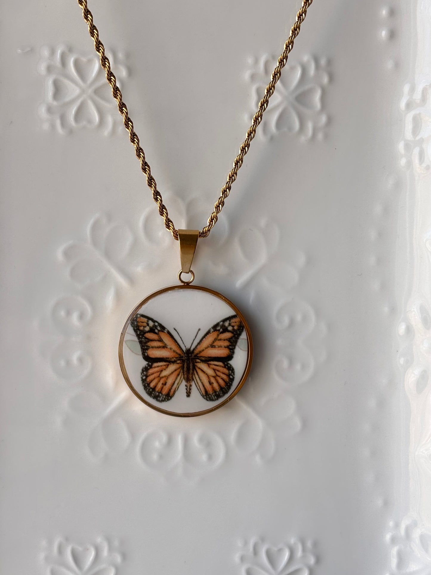 Monarch Butterfly Broken Porcelain Necklace