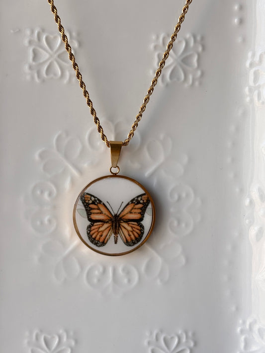 Monarch Butterfly Broken Porcelain Necklace