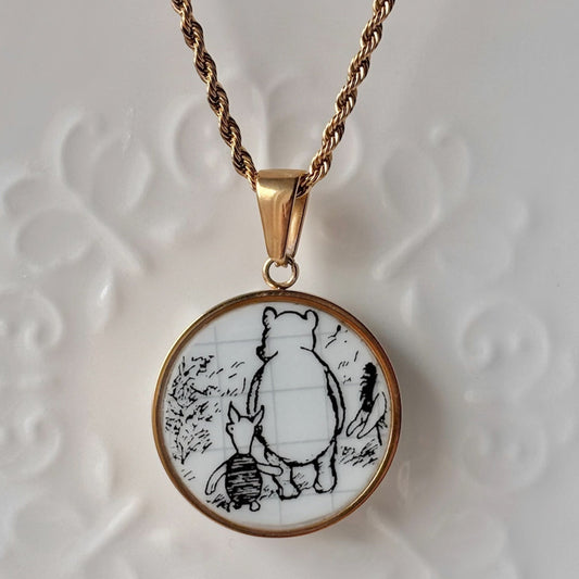 Pooh & Piglet Sketchbook Porcelain Necklace – Gold