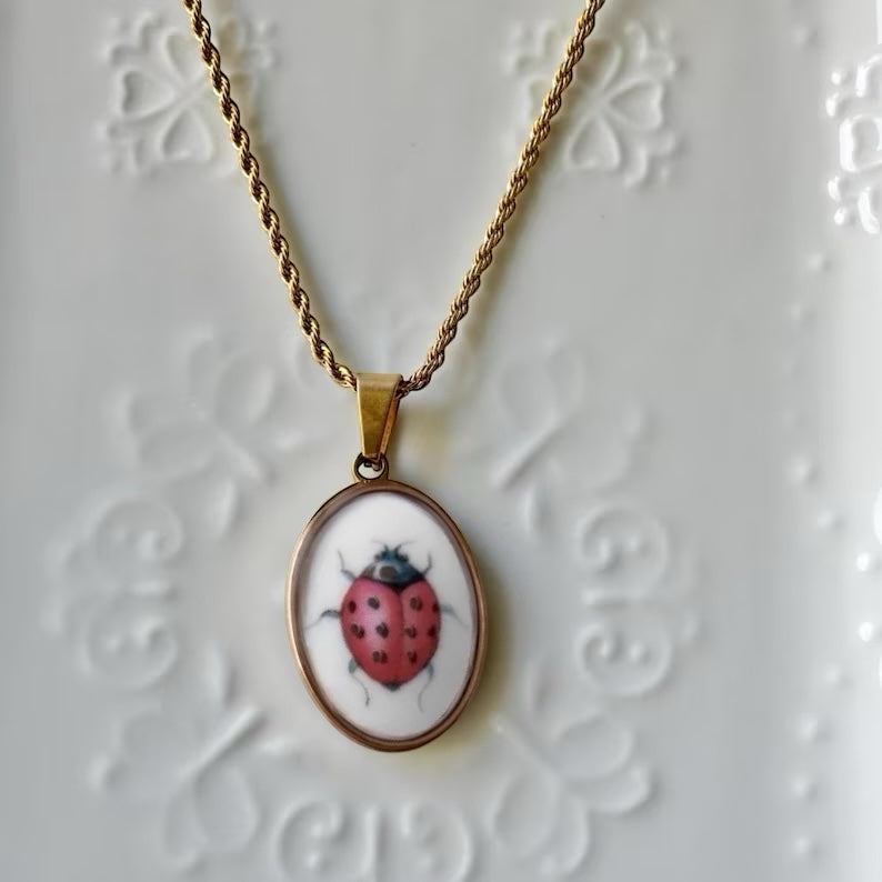 Ladybug Vintage Broken Porcelain Necklace