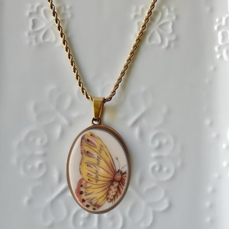 Yellow Butterfly Vintage Broken Porcelain Necklace