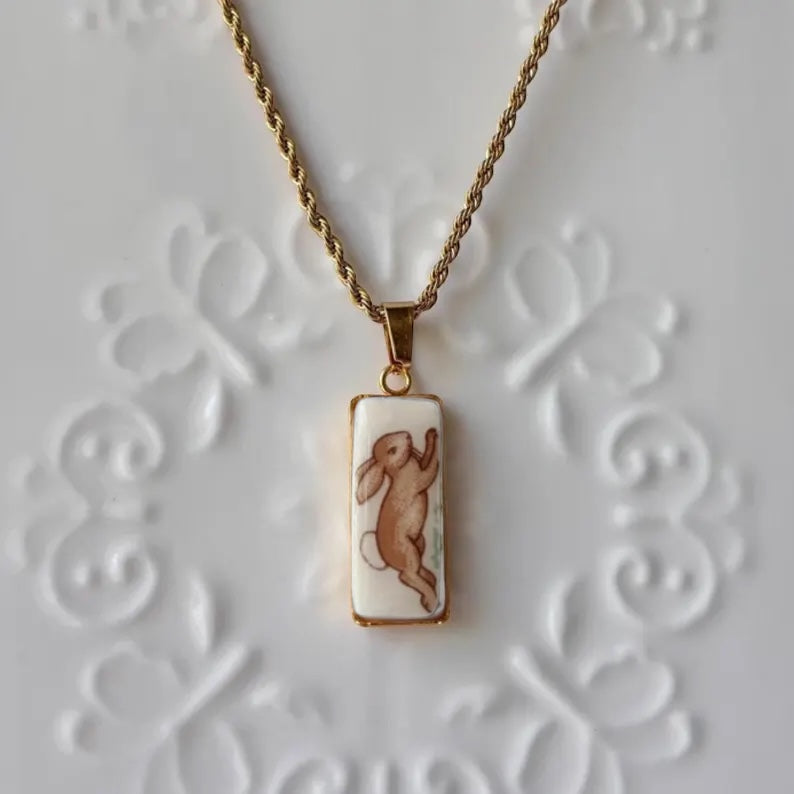 Bunnykins Rectangle Vintage Broken China Necklace