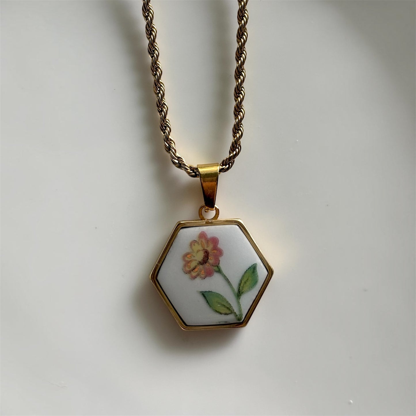 Orange Daisy Hexagon | Broken China Necklace