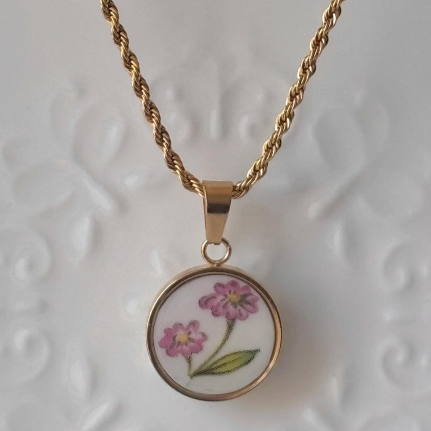 Pink Daisy II Vintage Broken Porcelain Necklace
