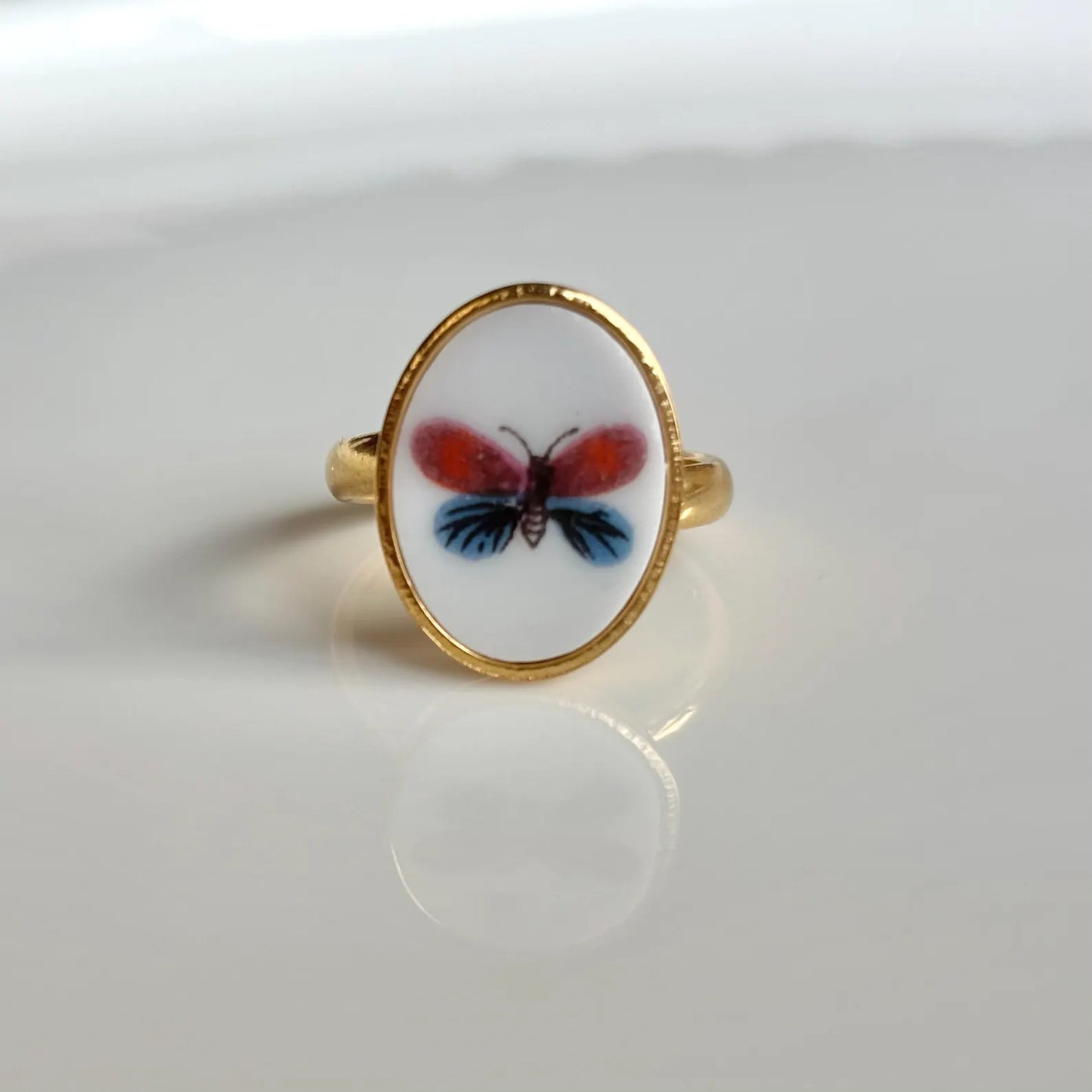 Pink & Blue Butterfly Ring Adjustable | Vintage Broken China Jewelry