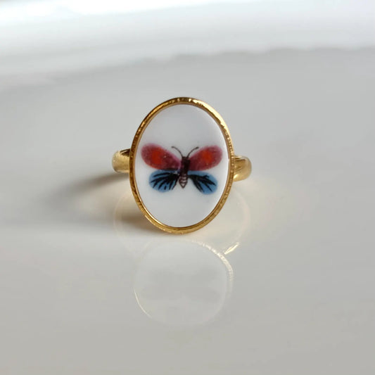 Pink & Blue Butterfly Ring Adjustable | Vintage Broken China Jewelry