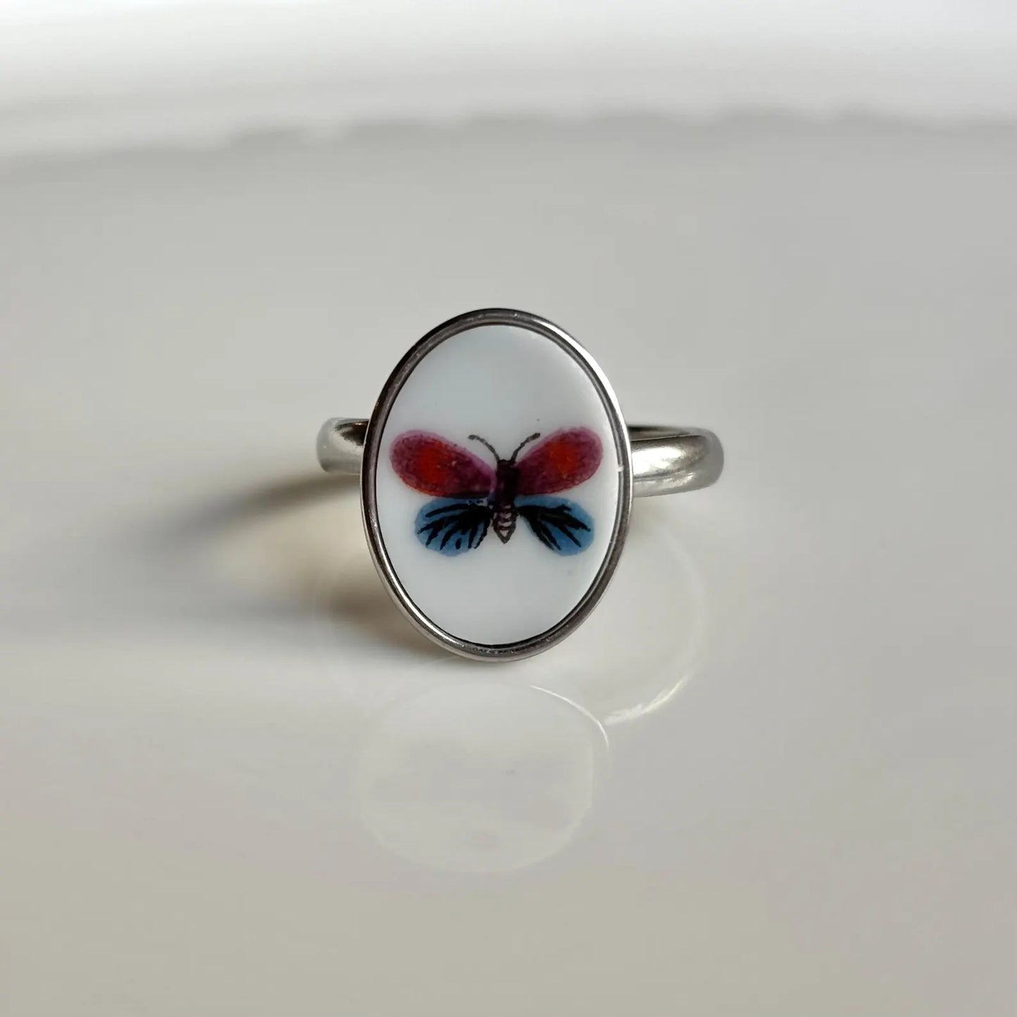Pink & Blue Butterfly Ring Adjustable | Vintage Broken China Jewelry