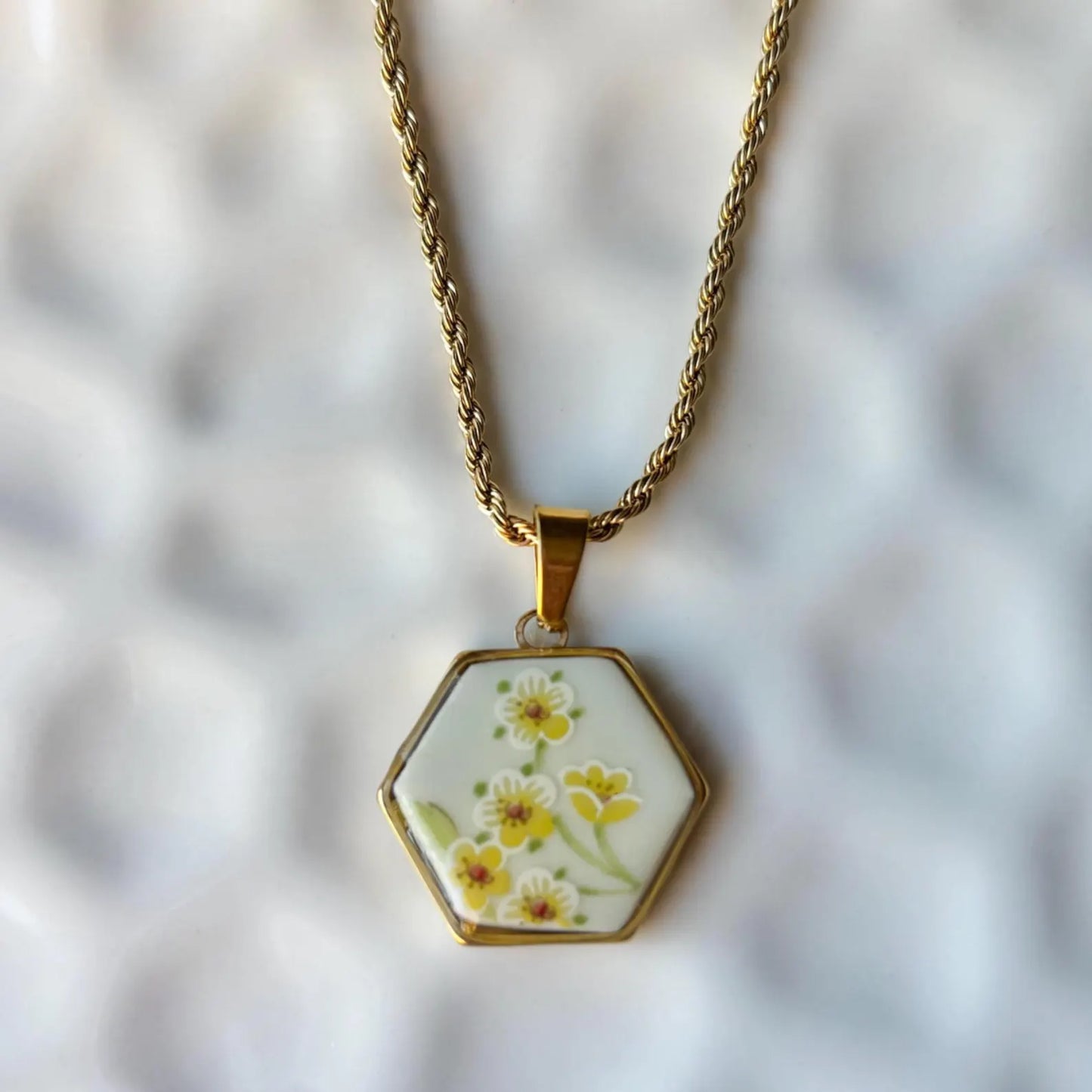 Strawberry Flowers Hexagon | Broken China Necklace