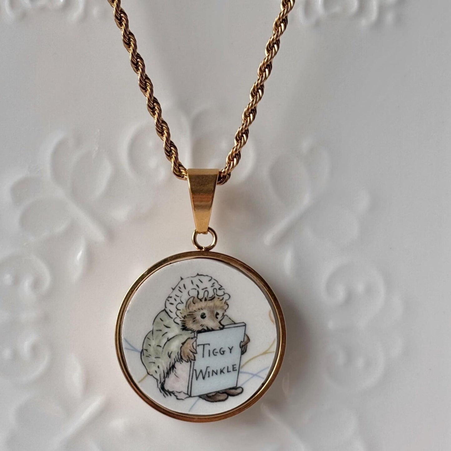 Tiggy Winkle Vintage Broken Porcelain Necklace Peter Rabbit