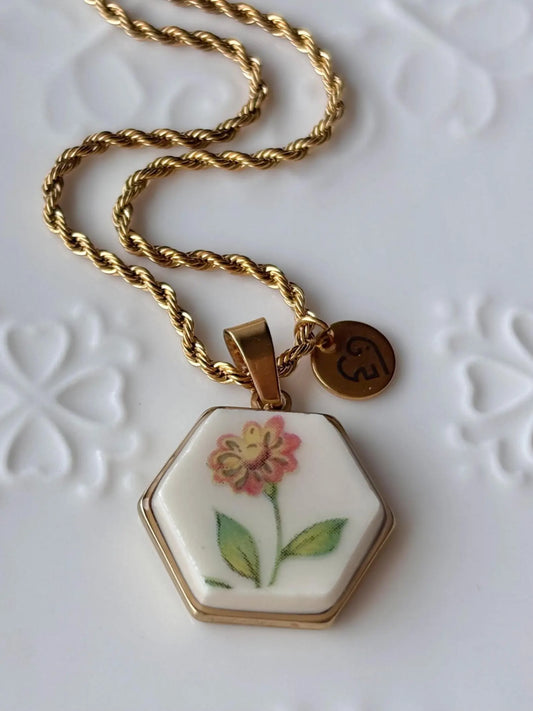 Orange Daisy Hexagon | Broken China Necklace