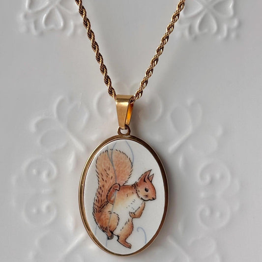 Squirrel Vintage Broken Porcelain Necklace Peter Rabbit