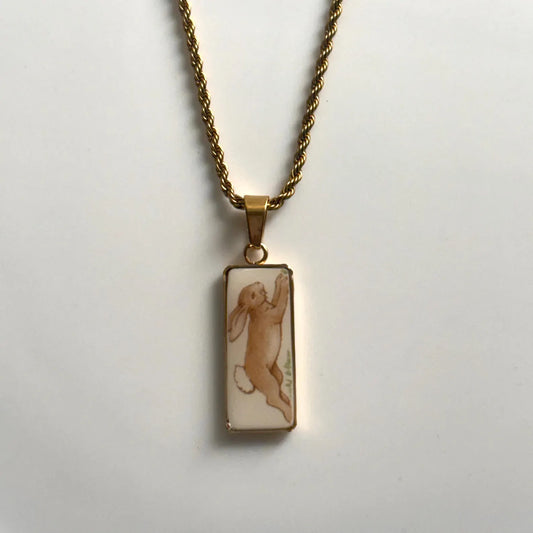Vintage Bunnykins Rectangle Broken China Necklace