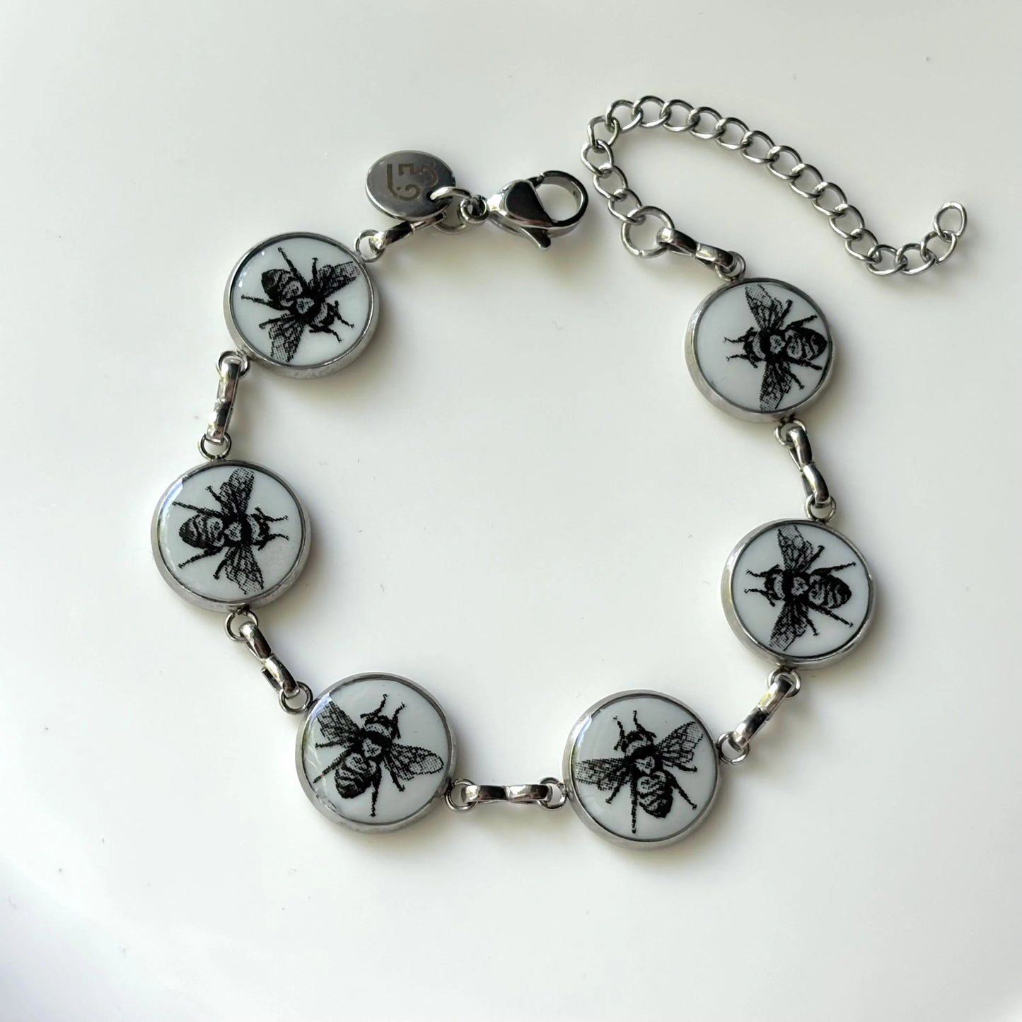 Handmade Bee Porcelain Adjustable Bracelet - Silver