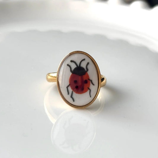 Ladybug Ring Adjustable | Vintage Broken China Jewelry