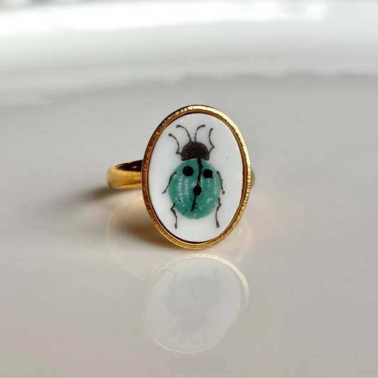 Turquoise Ladybug Ring Adjustable | Vintage Broken China Jewelry