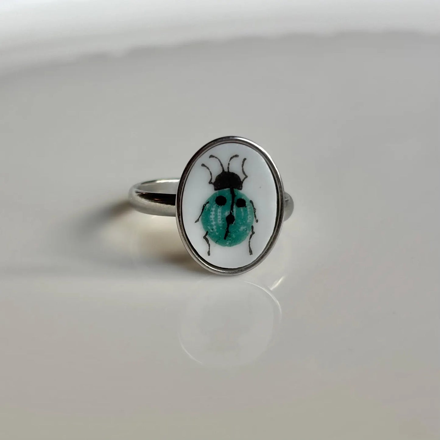 Turquoise Ladybug Ring Adjustable | Vintage Broken China Jewelry